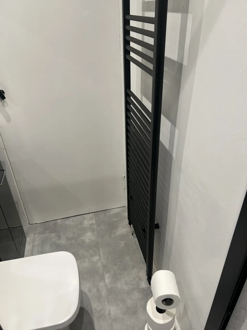 Black ladder towel radiator beside a modern toilet